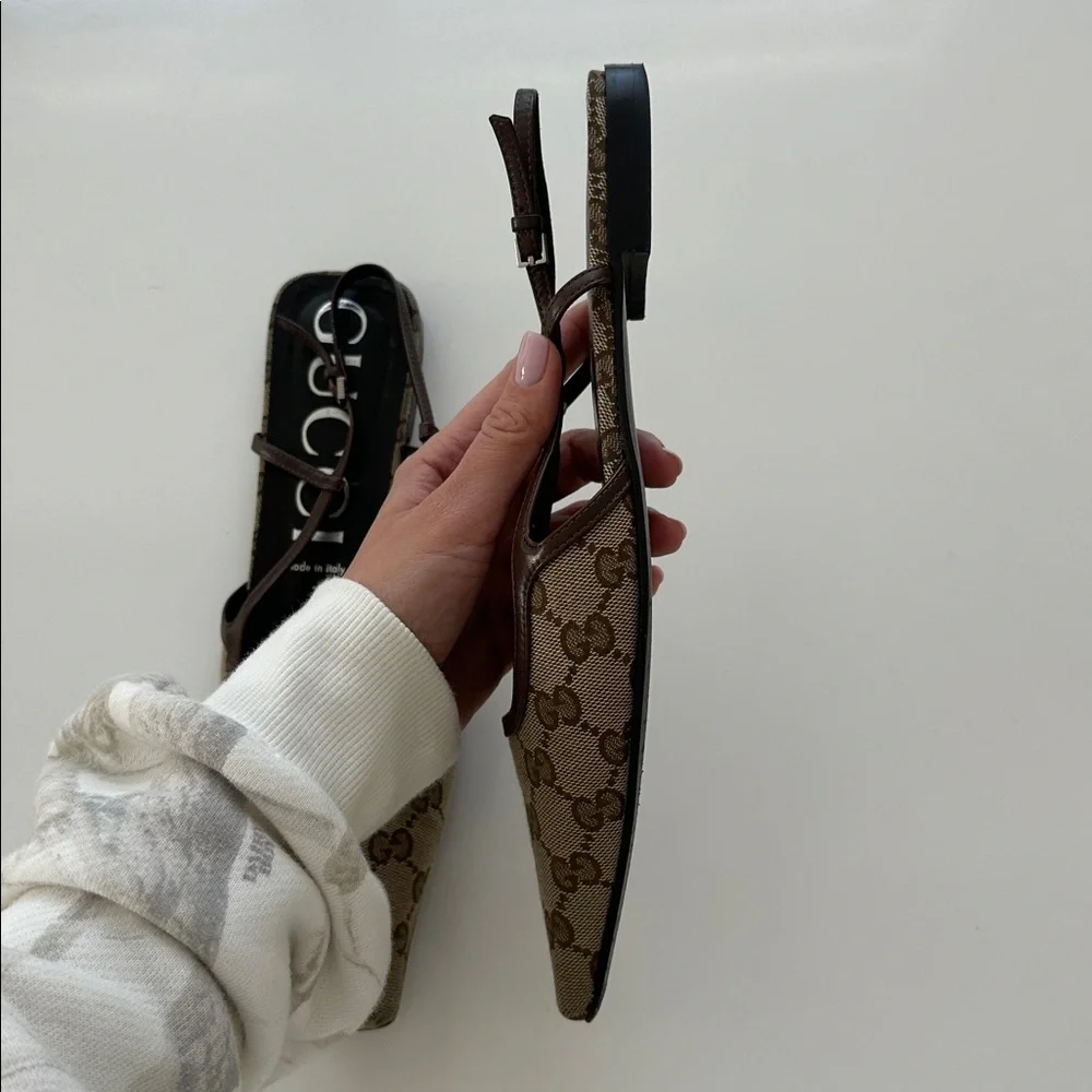 Gucci Beige Monogram Slingback Flats - Picture 9 of 13